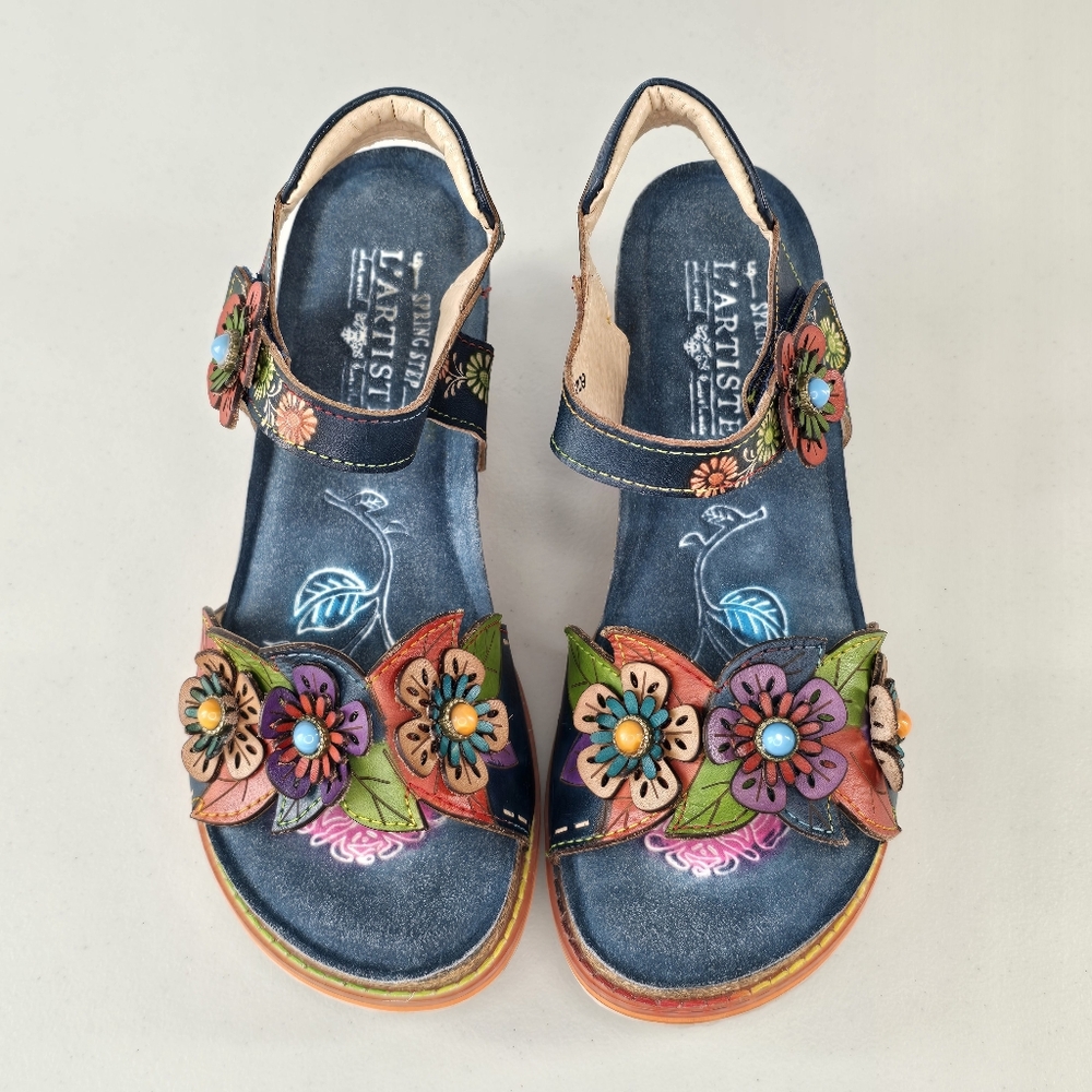 L’Artiste Gazebo Floral Leather Platform Wedge Sandals EU 38 US Size 7.5-8 - Picture 5 of 9